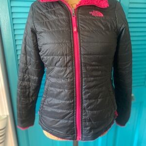 Reversible north face pink and grey lightly worn fuzzy